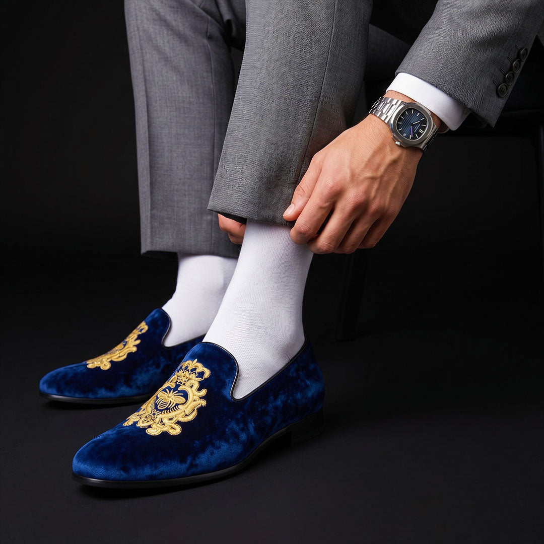 Handmade Men's Blue Embroidered Velvet Luxury Loafers