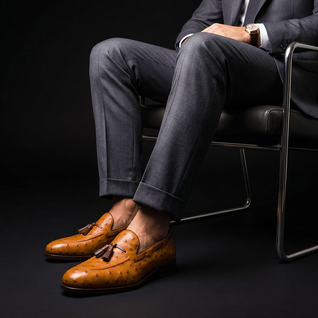 Handmade Men's Tan Brown Ostrich Leather Tassel Loafers