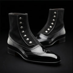 Men's Black Patent Leather Ankle High Button Boots
