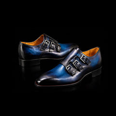 Men's Blue Patina Leather Triple Monk Dress Shoes