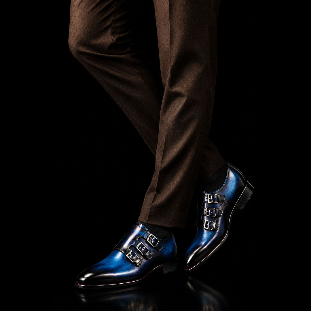 Men's Blue Patina Leather Triple Monk Dress Shoes