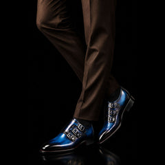 Men's Blue Patina Leather Triple Monk Dress Shoes