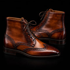 Men's Brown Patina Leather Ankle High Wingtip Boots