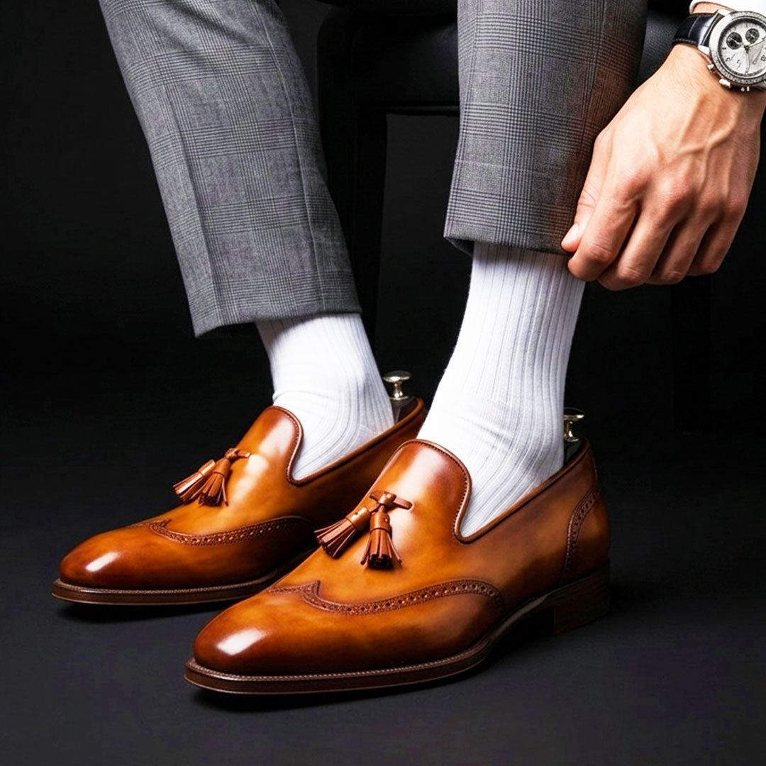 Men's Brown Patina Leather Wingtip Oxford Tassel Loafers