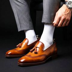 Men's Brown Patina Leather Wingtip Oxford Tassel Loafers