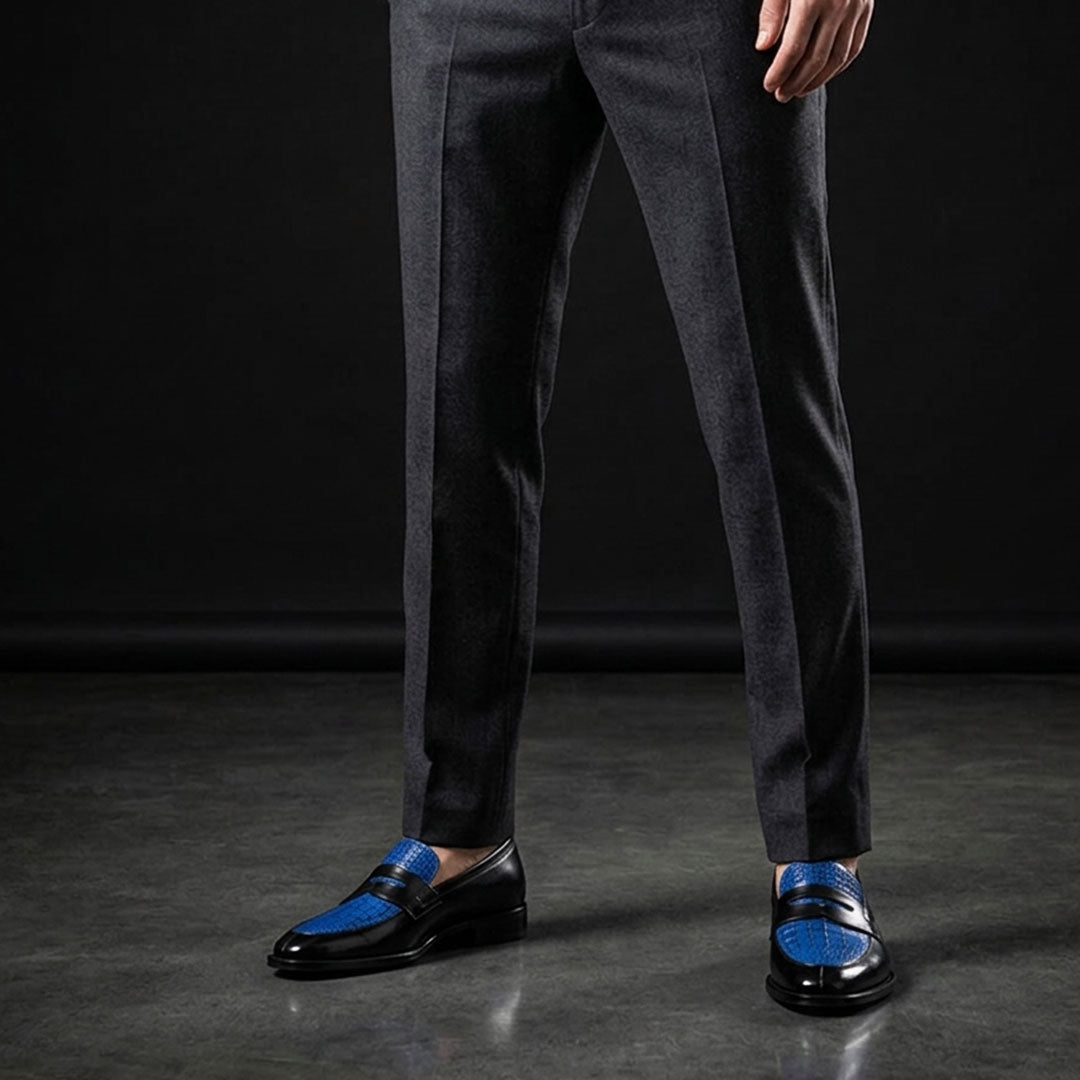 Men's Genuine Black & Blue Leather Penny Loafers