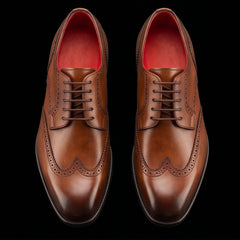 Men's derby in light brown leather with swallow tail and square toe