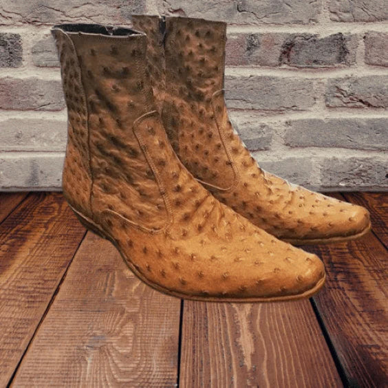 Men's Tan Zipper Closure Ostrich Leather Boots