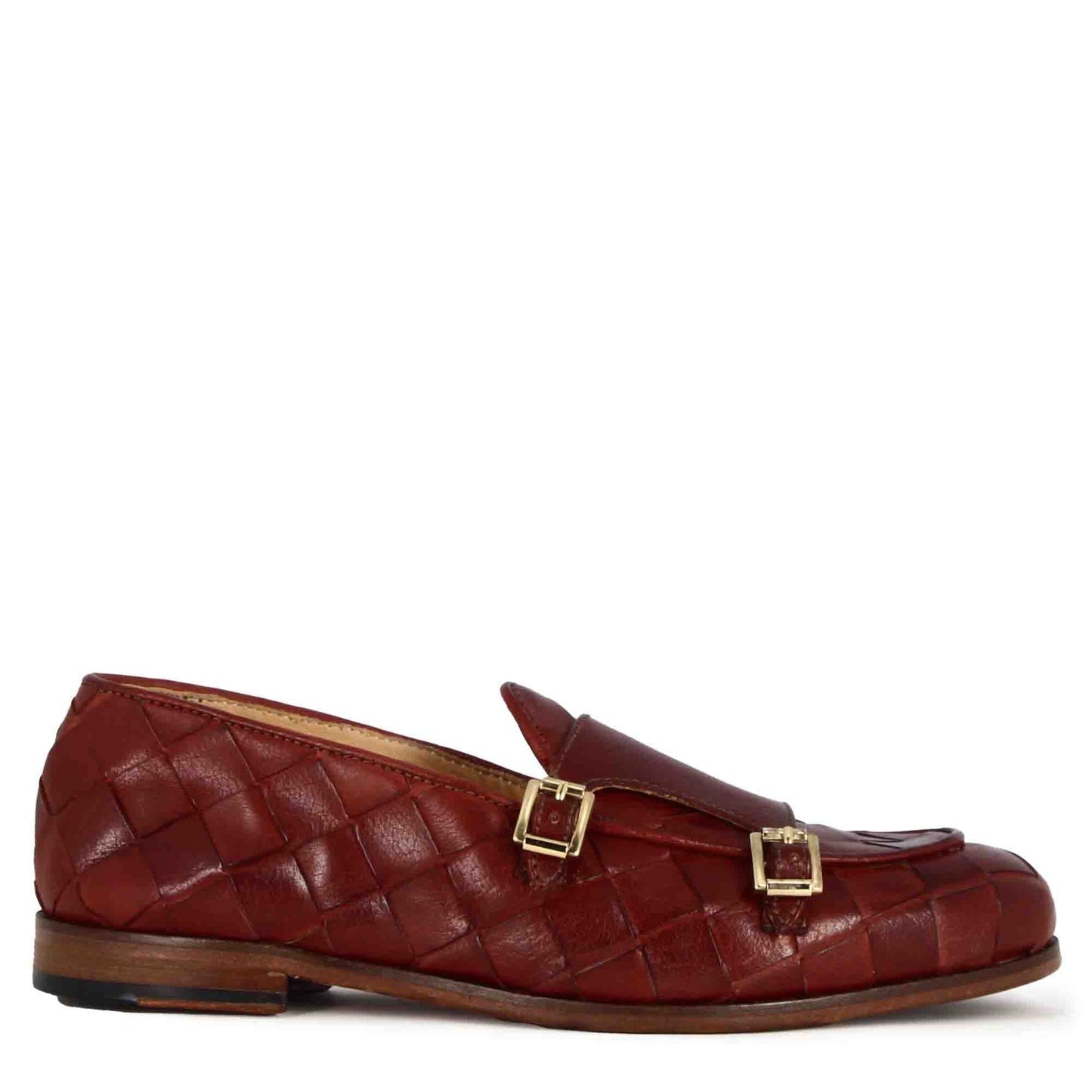 Men's moccasin in woven leather with double buckle in red