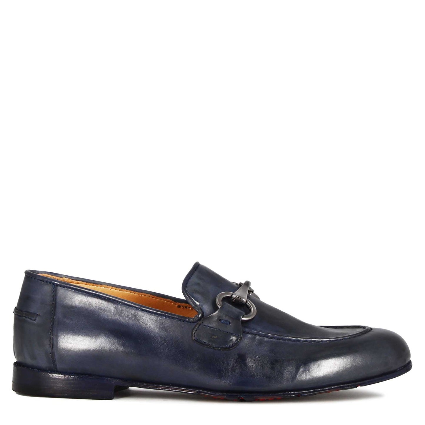 Men's moccasin in blue smooth leather with horsebit