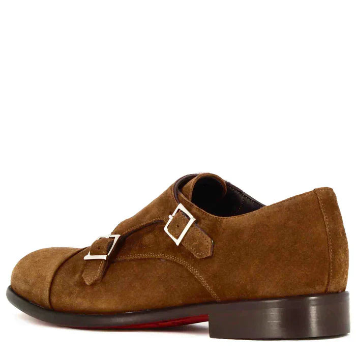 Double buckle men's shoe in light brown suede