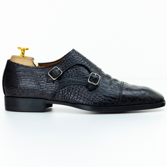 The Yvan | Black Crocodile Embossed Double Monk
