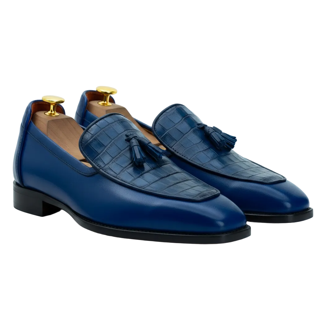The Perrin | Blue Crocodile Tassel Loafers