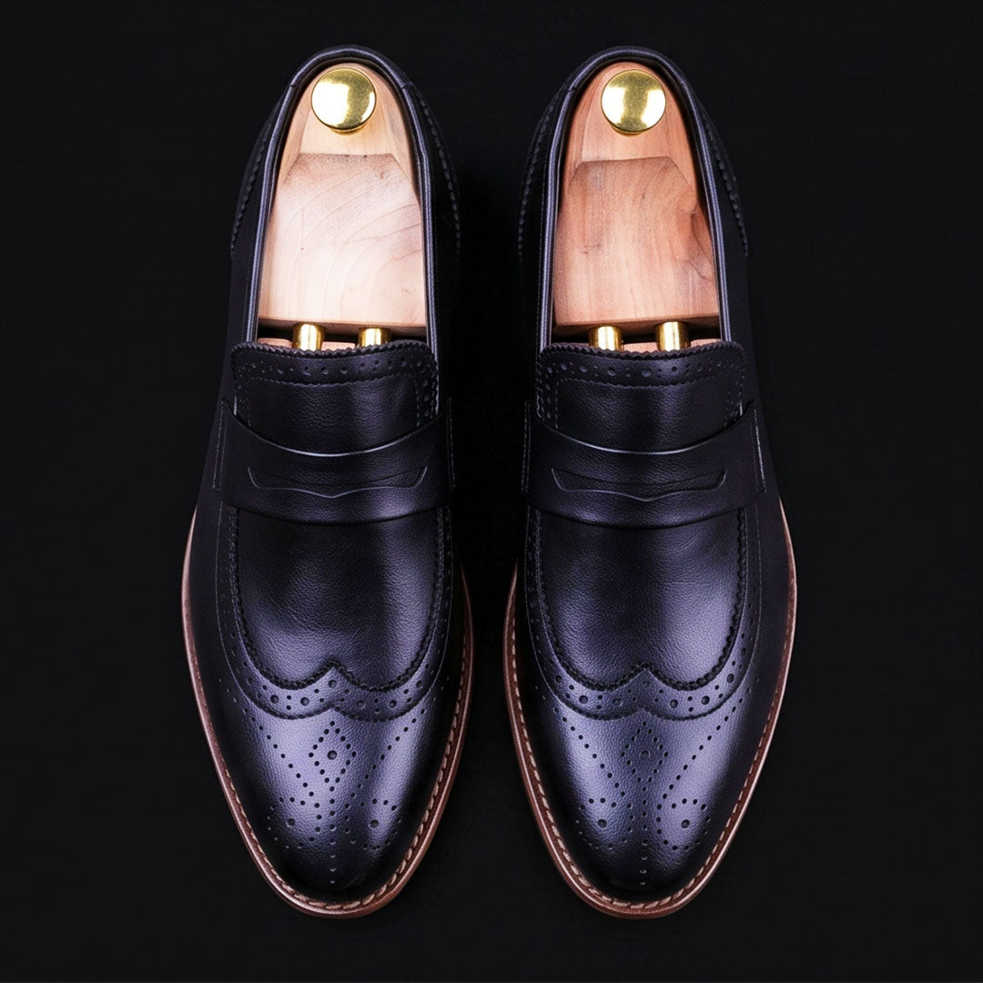 Handmade Men's Black Leather Penny Loafers