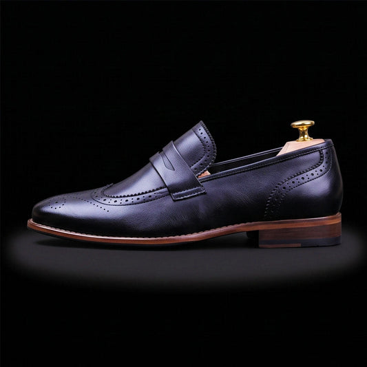 Handmade Men's Black Leather Penny Loafers