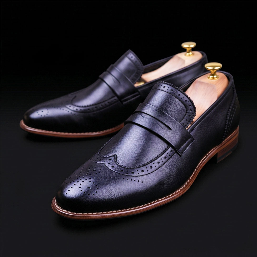 Handmade Men's Black Leather Penny Loafers