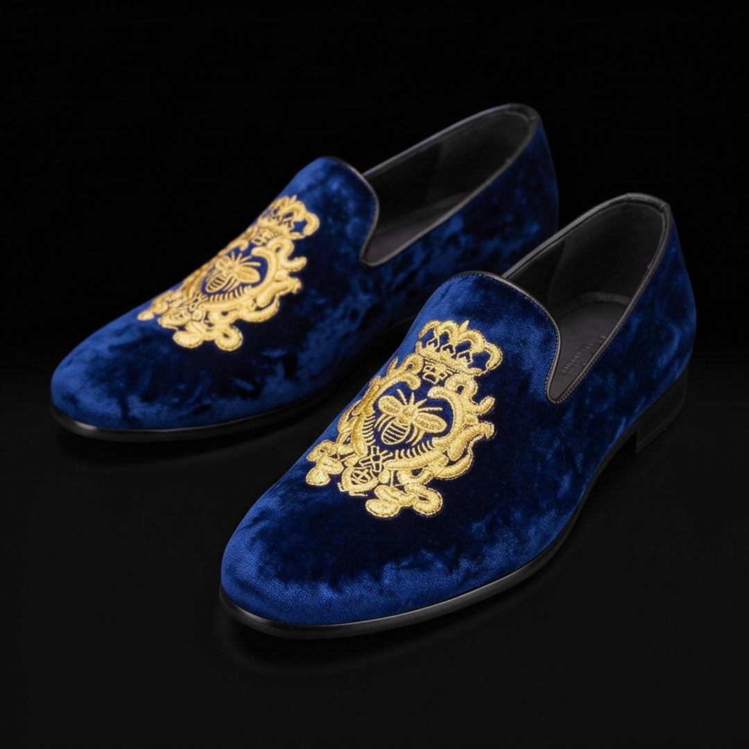 Handmade Men's Blue Embroidered Velvet Luxury Loafers