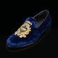 Handmade Men's Blue Embroidered Velvet Luxury Loafers