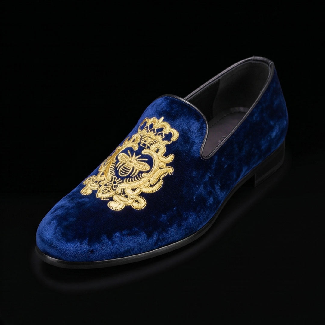 Handmade Men's Blue Embroidered Velvet Luxury Loafers