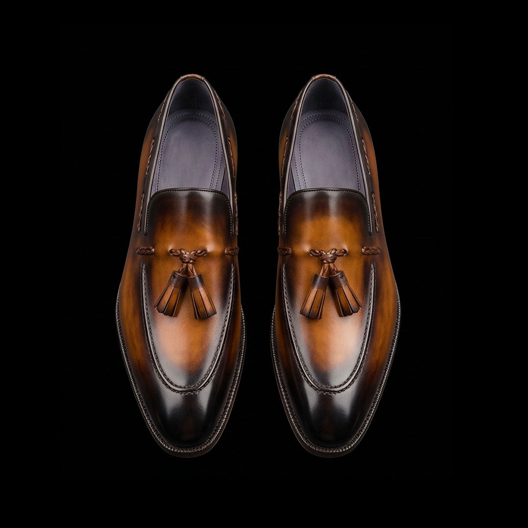 Handmade Men's Brown Patina Leather Tassel Loafers