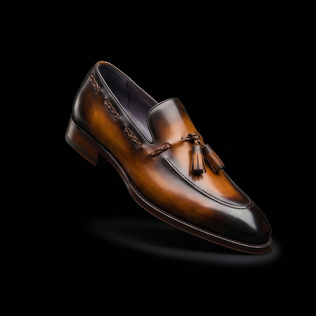 Handmade Men's Brown Patina Leather Tassel Loafers