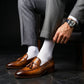 Handmade Men's Brown Patina Leather Tassel Loafers