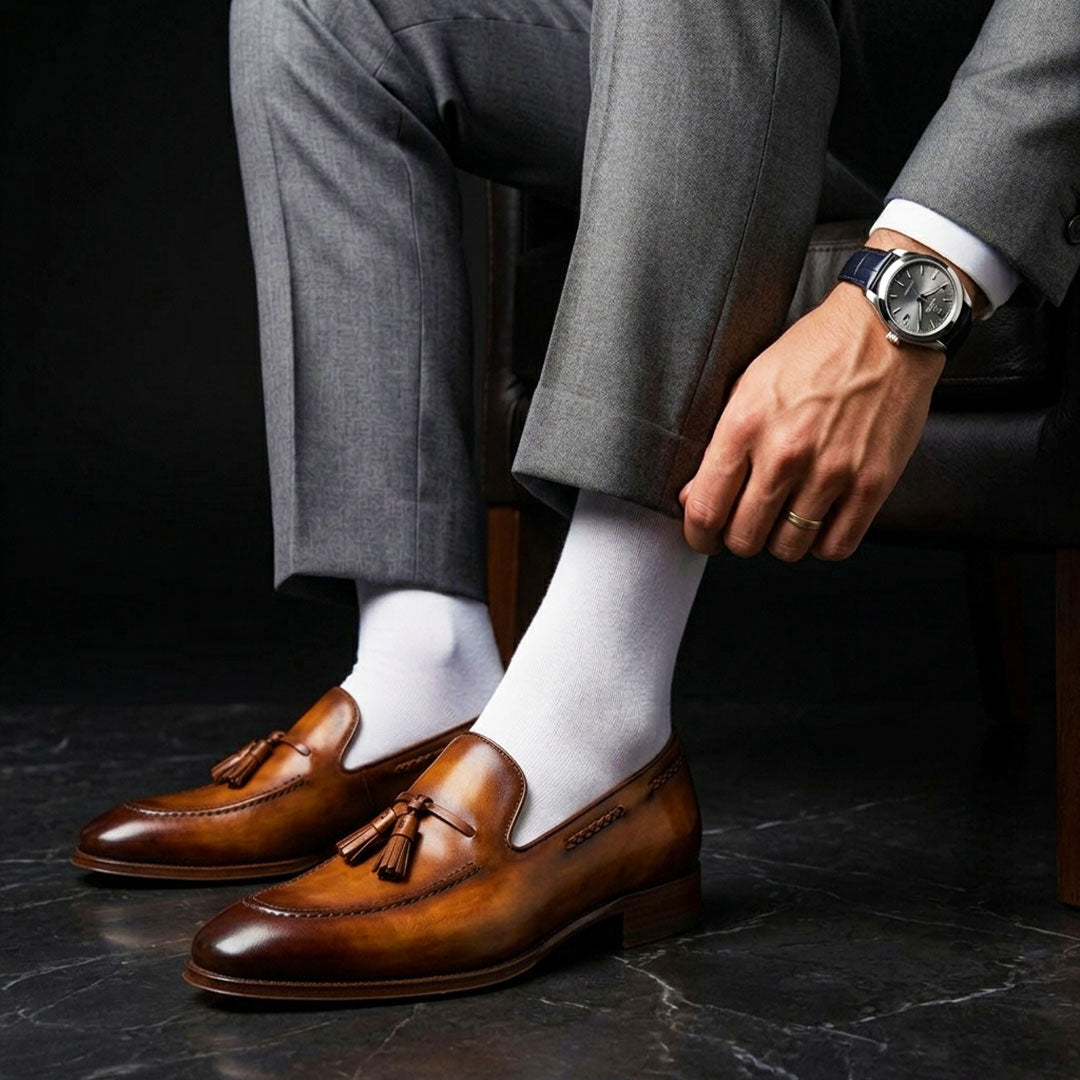 Handmade Men's Brown Patina Leather Tassel Loafers