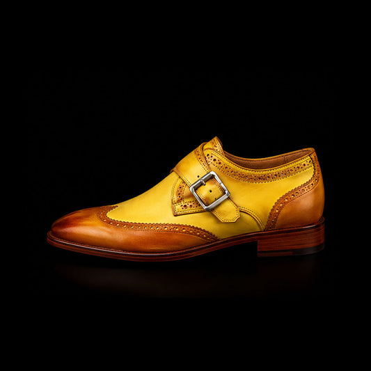 Handmade Men's Brown & Yellow Leather Monk Buckle Shoes