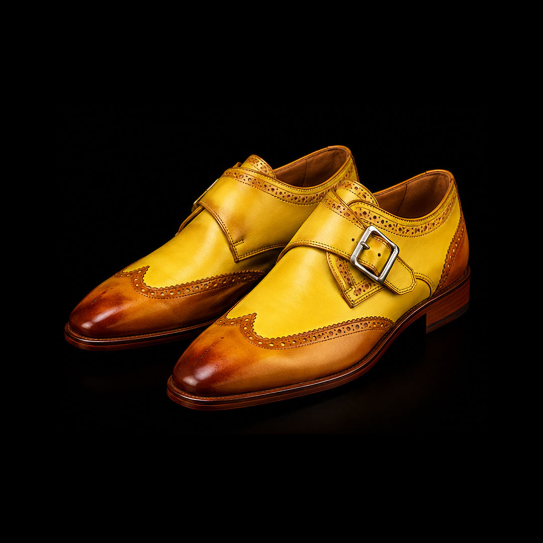 Handmade Men's Brown & Yellow Leather Monk Buckle Shoes