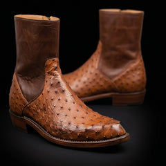 Handmade Men's Tan Brown Ostrich Leather Boots