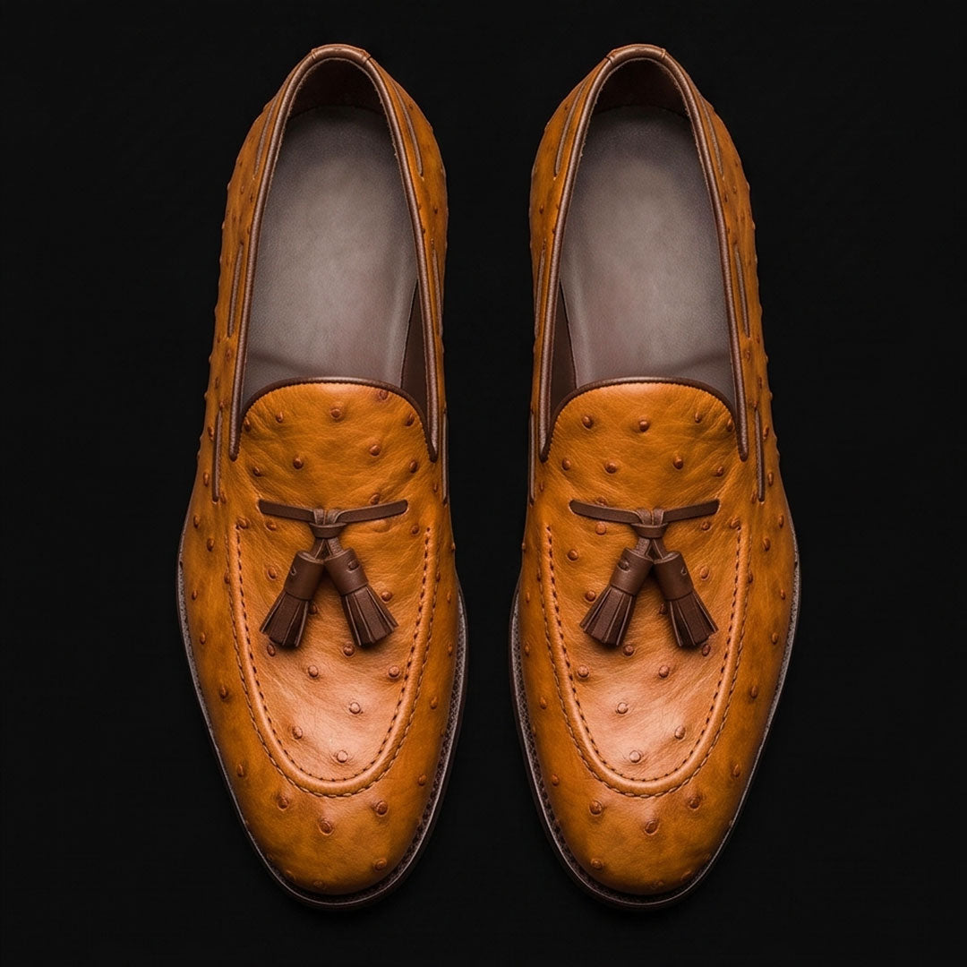Handmade Men's Tan Brown Ostrich Leather Tassel Loafers