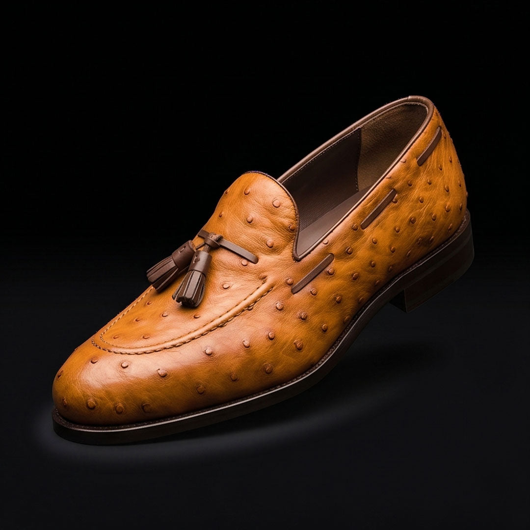 Handmade Men's Tan Brown Ostrich Leather Tassel Loafers