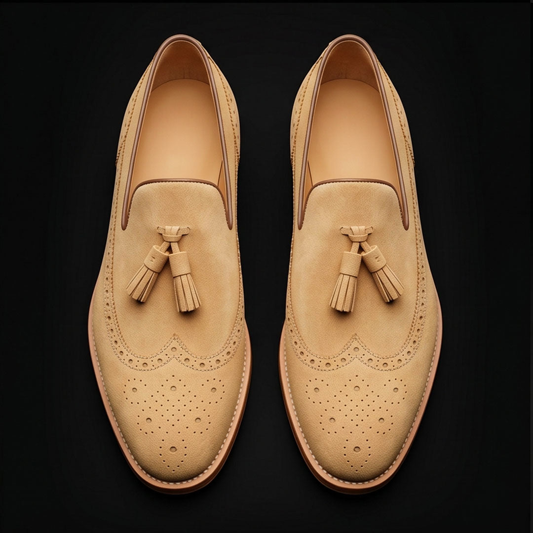 Men's Beige Suede Leather Tassel Loafers