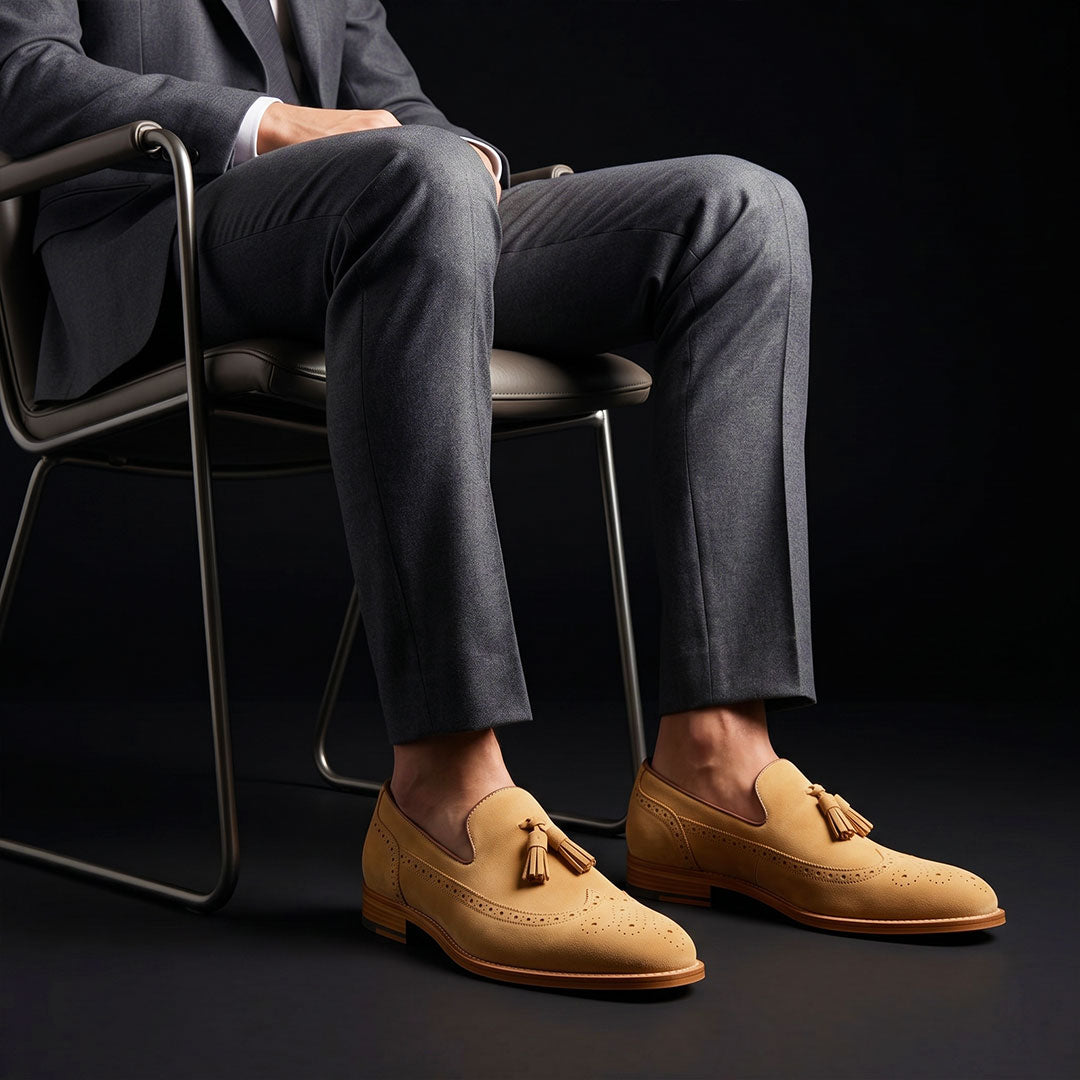 Men's Beige Suede Leather Tassel Loafers