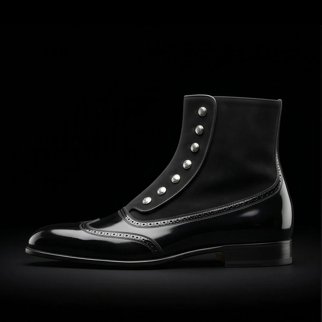 Men's Black Patent Leather Ankle High Button Boots