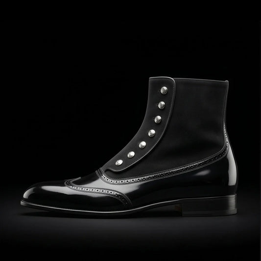Men's Black Patent Leather Ankle High Button Boots