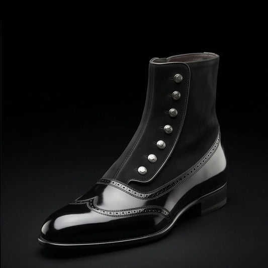 Men's Black Patent Leather Ankle High Button Boots