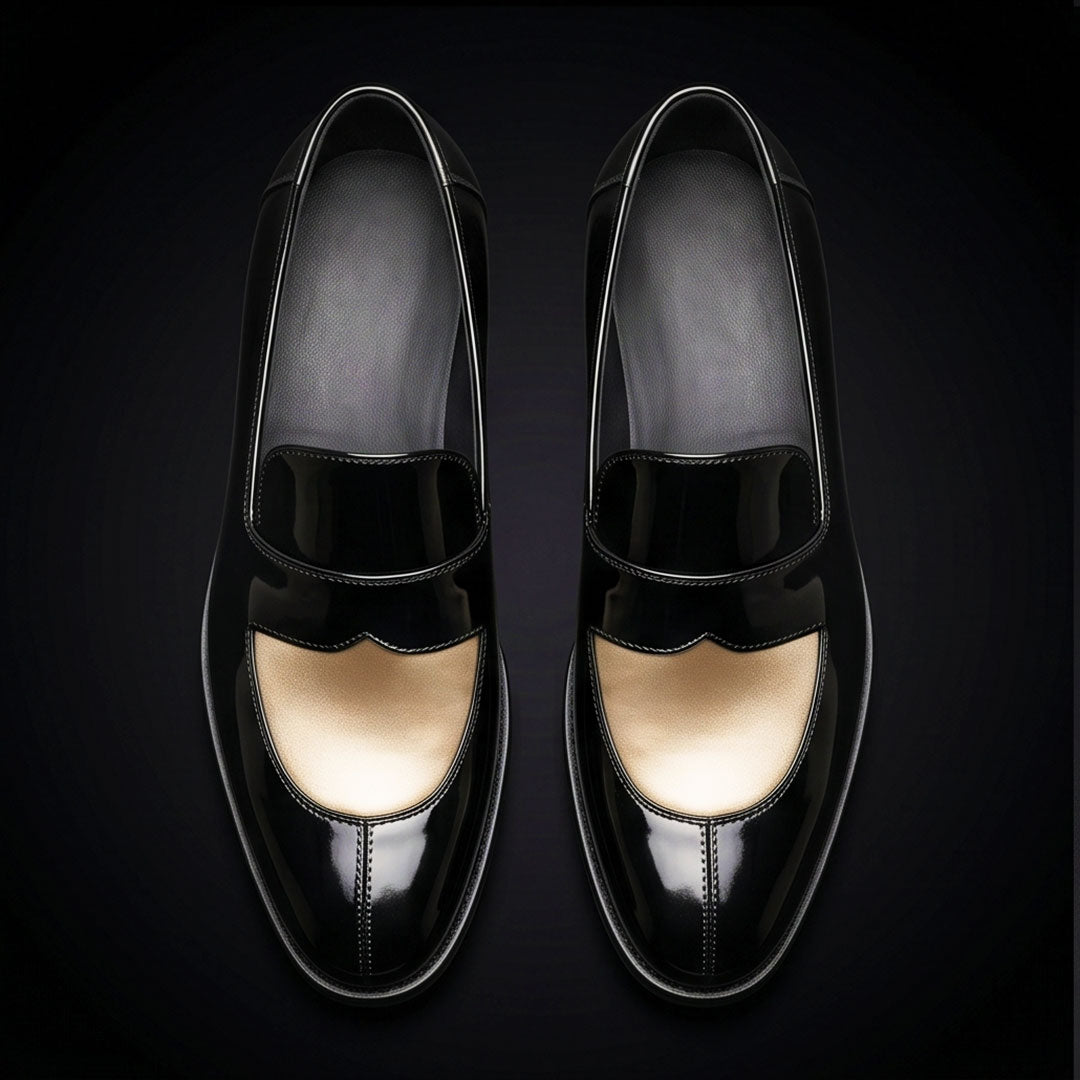 Men's Black & Beige Leather Penny Loafers