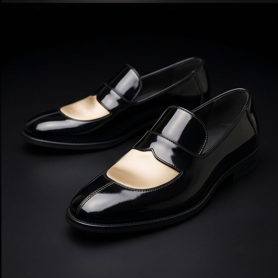 Men's Black & Beige Leather Penny Loafers