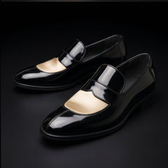 Men's Black & Beige Leather Penny Loafers