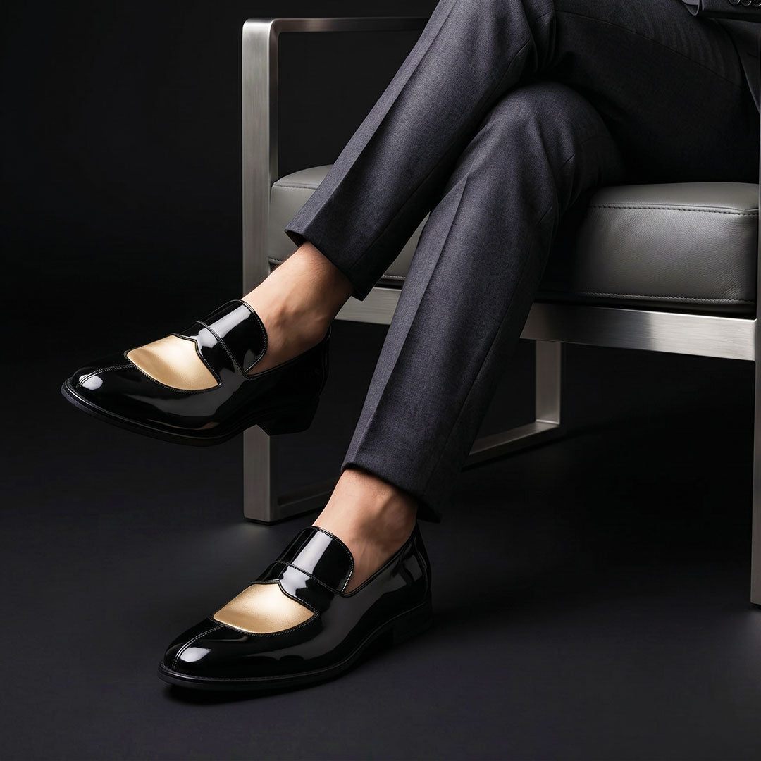 Men's Black & Beige Leather Penny Loafers