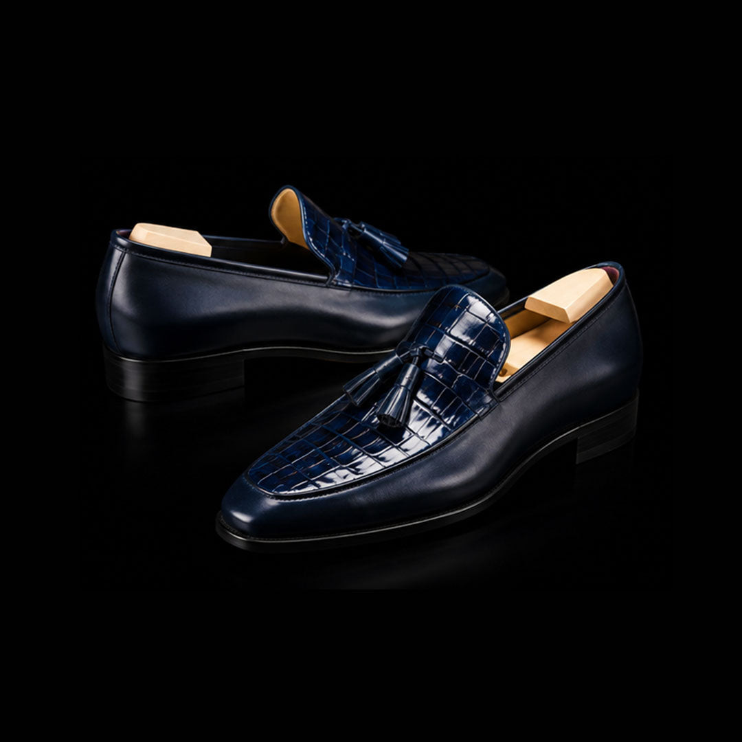 Men's Blue Alligator Texture Leather Tassel Loafers