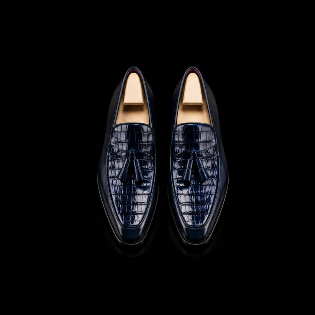Men's Blue Alligator Texture Leather Tassel Loafers