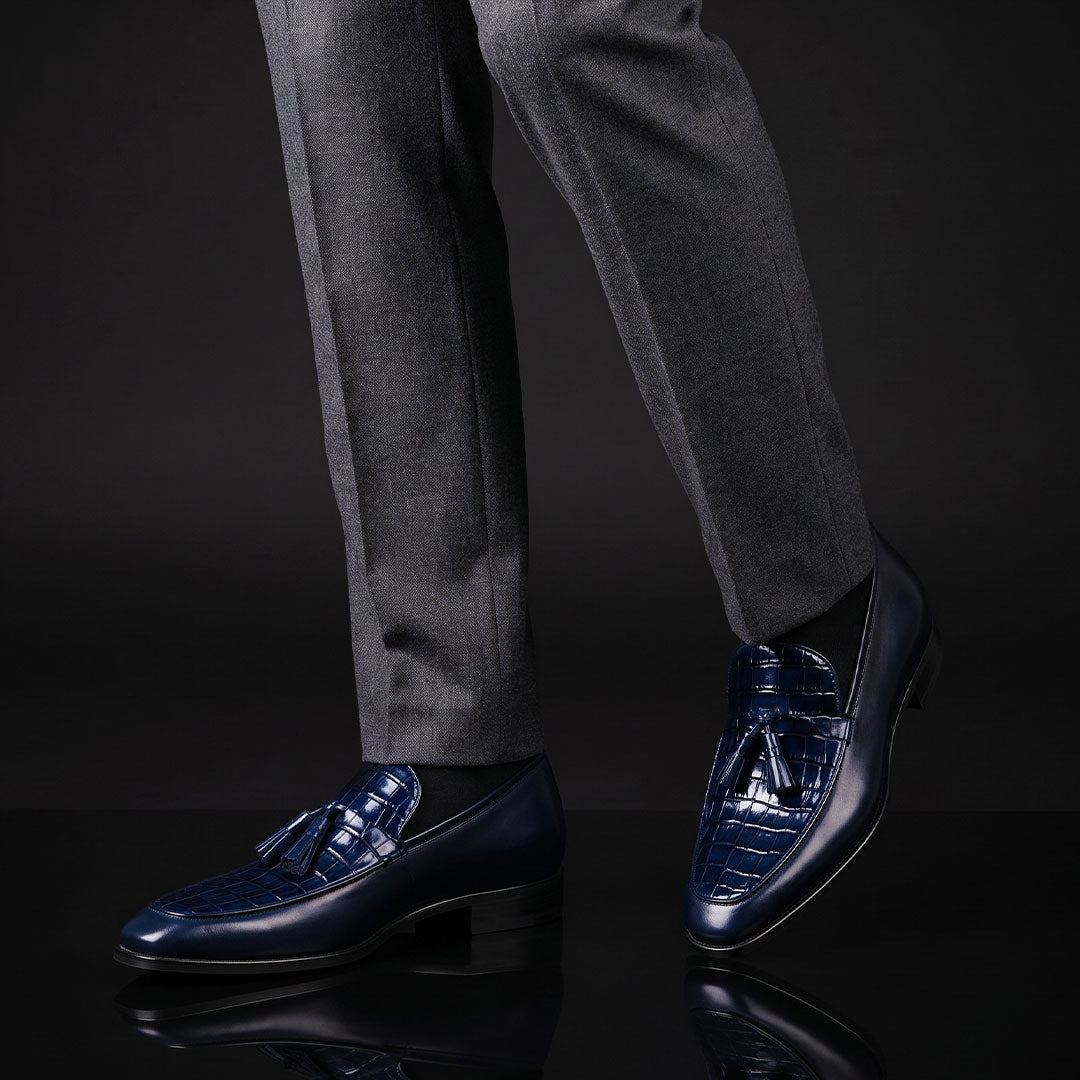 Men's Blue Alligator Texture Leather Tassel Loafers
