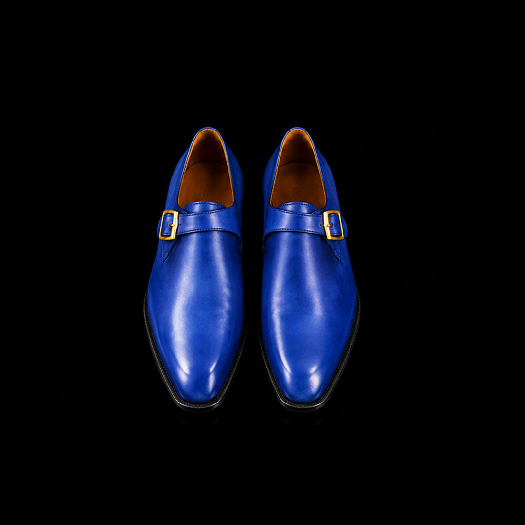 Men's Blue Leather Monk Buckle Shoes