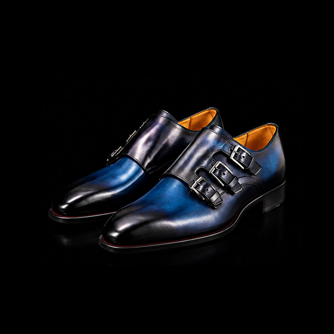 Men's Blue Patina Leather Triple Monk Dress Shoes