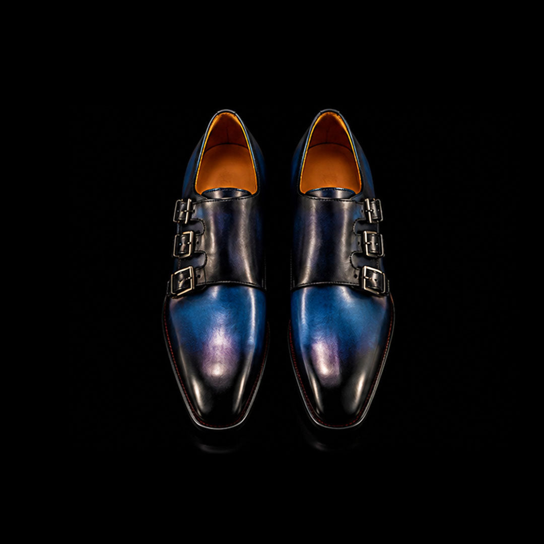 Men's Blue Patina Leather Triple Monk Dress Shoes