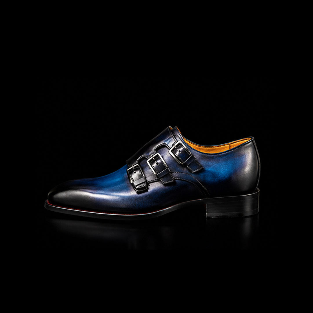 Men's Blue Patina Leather Triple Monk Dress Shoes