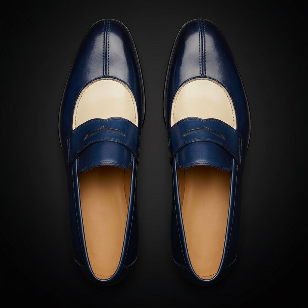 Men's Blue & Beige Patina Leather Moccasin Loafers