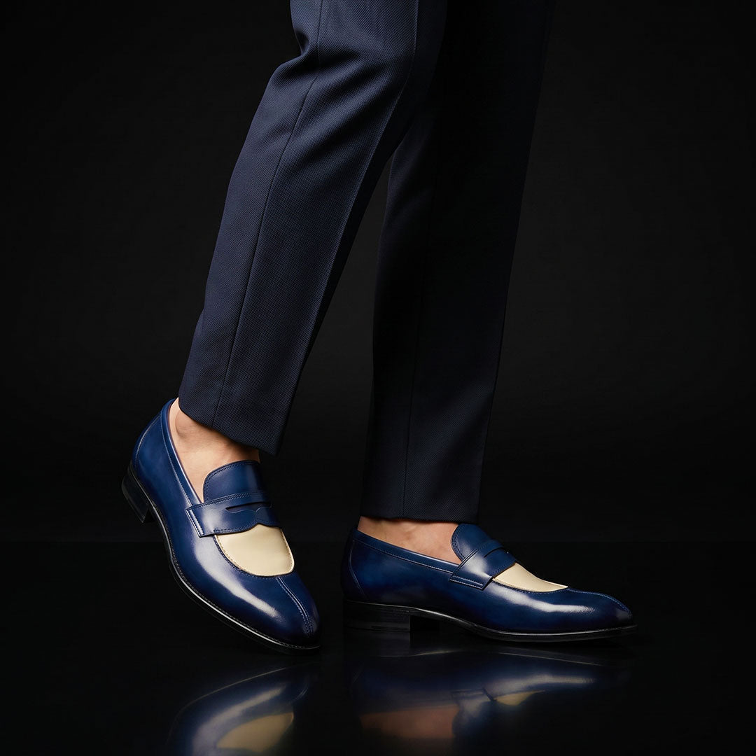 Men's Blue & Beige Patina Leather Moccasin Loafers